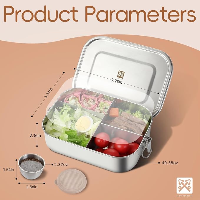GOLDEN KEY Leak-Proof Lunch Box for Adults & Kids - 40oz Large Capacity Stainless Steel Bento, 1200ml Metal Container with Lockable Clips, BPA-Free, Dishwasher Safe for Work Travel School