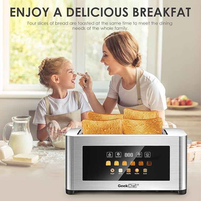 Geek Chef Long Slot Toaster 4 Slice, 1.5" Touch Screen Extra Wide Slots for Bagels & Waffles, 6 Browning Levels, Timer, Reheat, Defrost, Cancel Function, Removable Crumb Tray, Stainless Steel
