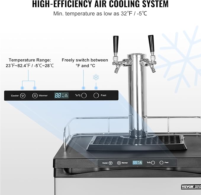 VEVOR Beer Kegerator, Dual Tap Draft Beer Dispenser, Full Size Keg Refrigerator With Shelf, CO2 Tank(No Gas), Drip Tray & Rail, 23°F- 82.4°F Temperature Control, 162L, Silver