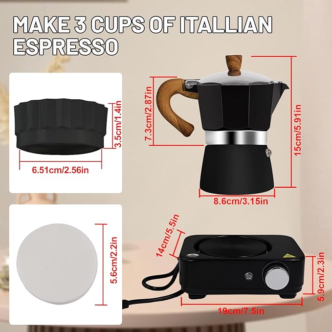 4-in-1 Moka Pot Espresso Set with Electric Stove 3 Cup Aluminum Stovetop Coffee Maker Percolator Italian Classic Mocha Coffee Machine with Powder Dispenser Filter Paper Portable Camping Black