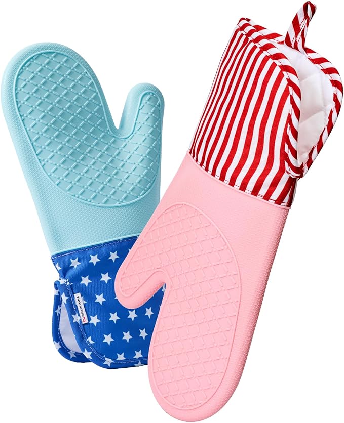 Kitchen Mama UltraShield Silicone Oven Mitts – Heat Resistant, Non-Slip Surface, Durable, Safe, Pot Holders, Flexible Waterproof Glove Set, Perfect for Cooking, Baking, Grilling, BBQ (USA Flag)