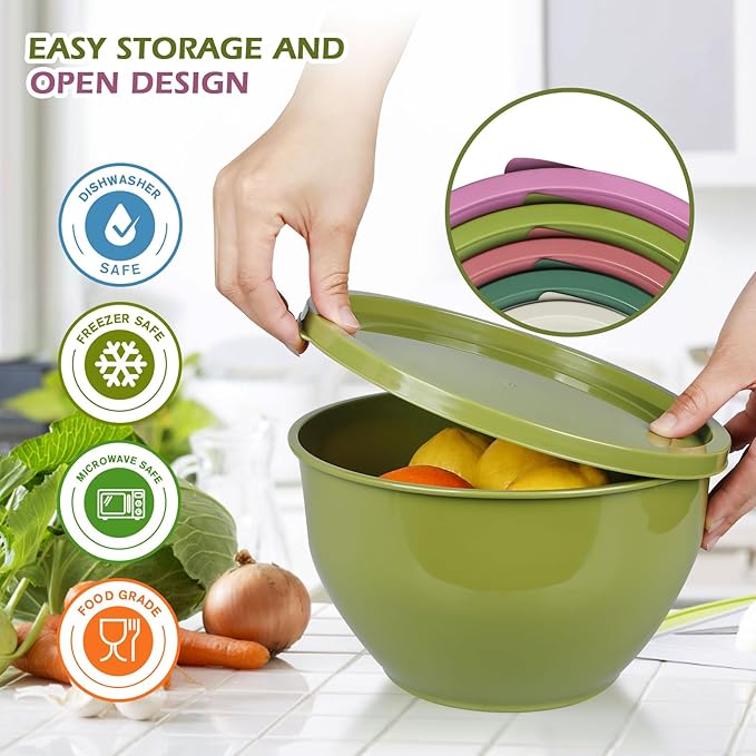 Greentainer Plastic Mixing Bowls with Lids Set for Kitchen, 5 Set Nesting Bowls for Mixing, Baking, Prepping, Cooking and Serving Food, Mixing Bowls Dishwasher, Microwave Safe