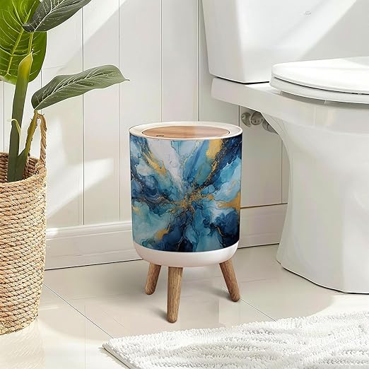 Trash Can with Lid Abstract visual blue marble style painting glitter gold veins white Press Top Round Small Garbage Bin with Wooden Legs Waste Basket for Kitchen Bedroom Nursery 7L/1.8 Gallon