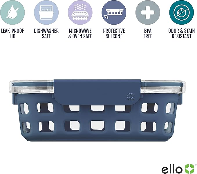 Ello Duraglass Meal Prep Container- Glass Food Storage Container with Silicone Sleeve and Airtight BPA-Free Plastic Lid, Dishwasher, Microwave, and Freezer Safe