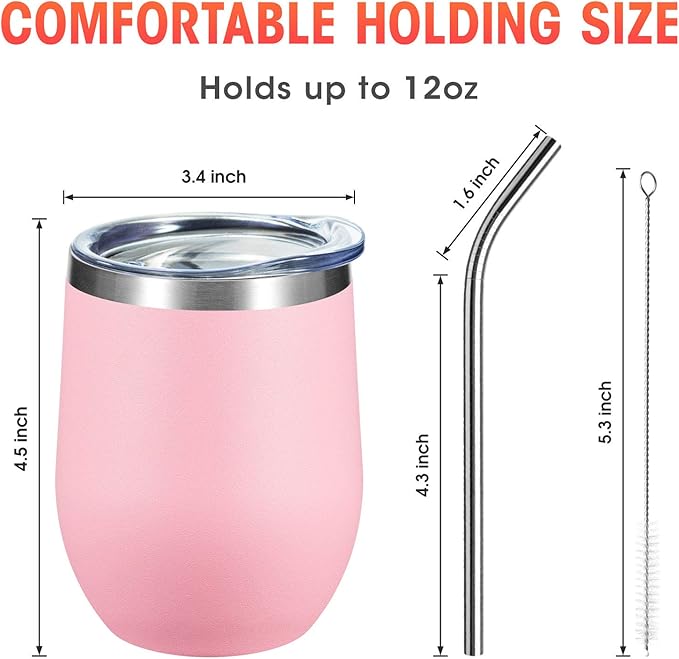 COMOOO Stainless Steel Wine Tumbler 4 Pack with Lid and Straw 12oz Double Wall Vacuum Insulated Travel Tumbler Cup Stemless for Hot and Cold Drinks,Coffee,Wine,Cocktails, Pink