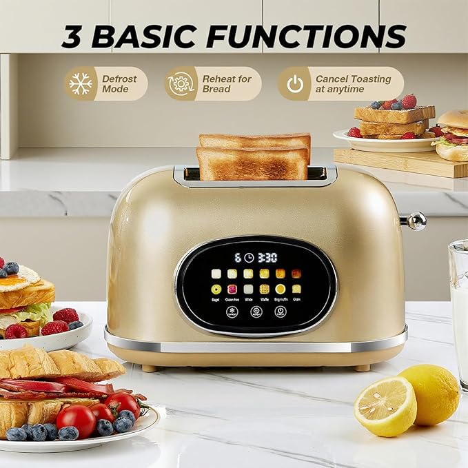 Roter Mond 2 Slice Toaster Smart Touch Screen, Retro Stainless Steel Bread Toaster with Digital Timer, Sleep Mode, Bagel, Cancel, and Defrost Functions, 6 Bread Types and Shade Settings, Gold
