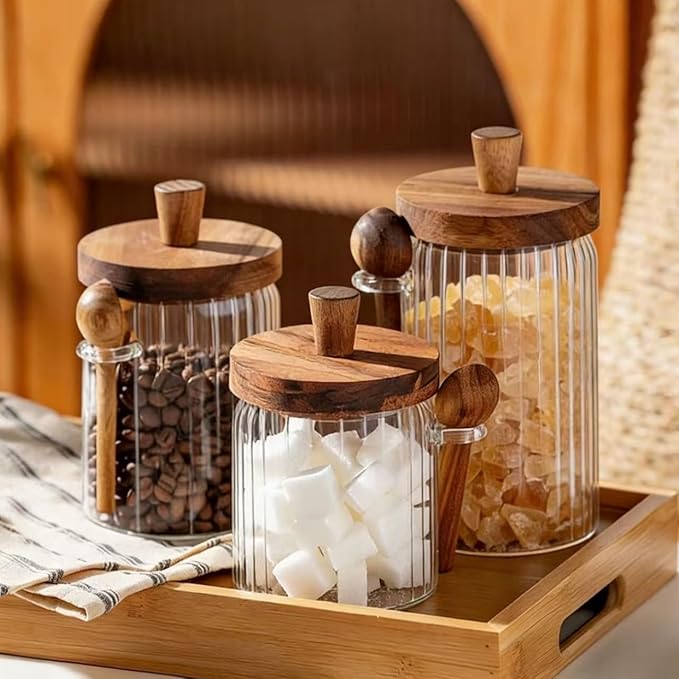 ANSQU Glass Jar with Wooden Lid & Spoon, 20.3oz Food Storage Containers Coffee Jar Coffee Grounds Container, Coffee Canister holds up to 7.4oz Coffee Beans (2 Pack)