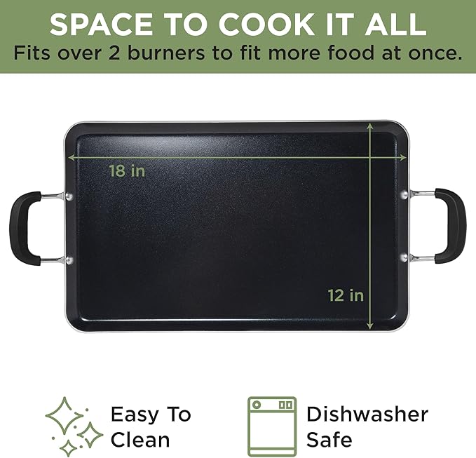 Ecolution Artistry Nonstick Double Burner Griddle, Easy To Clean, Cool Touch Silicone Handle, Dishwasher Safe Pots and Pans, 12-Inch x 18-Inch, Black