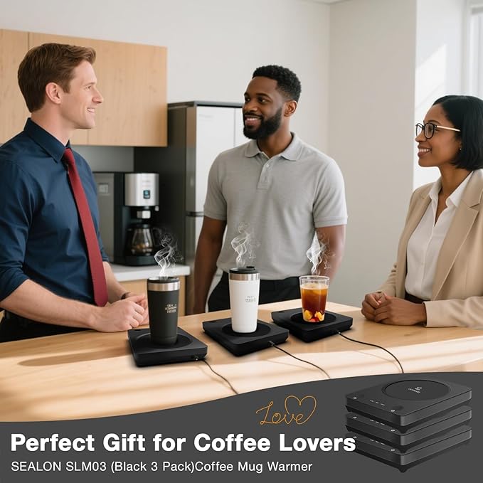 SEALON SLM03 Electric Coffee Mug Warmer (Black, 3 Pack) - 3-Temperature Desk Cup Warmer with Auto Shut-Off (4 Hours) for Heating Coffee, Tea, Milk & Beverages