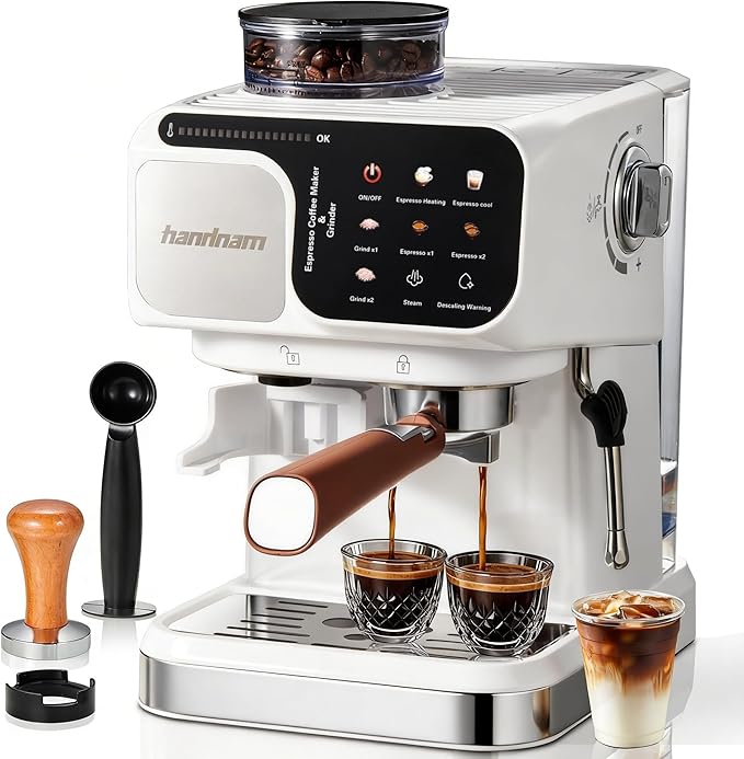 Espresso Machine with Grinder, 20 Bar Professional Espresso Maker with Built-in Burr Grinder, PID Temperature Control, Steam Wand, 58mm Portafilter, 25 Grind Settings, All-in-One Coffee Machine
