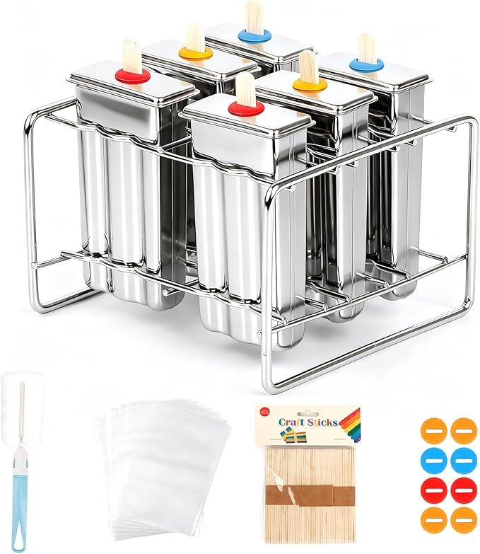 Popsicle Molds Set 6 Pieces Stainless Steel Ice Popsicle Maker, Homemade Popsicle Molds with 50 Sticks, 20 Bags, 14 Silicone Seals, 1 Cleaning Brush & 1 Stand, DIY Ice Pop Mold Maker for Kids (Square)