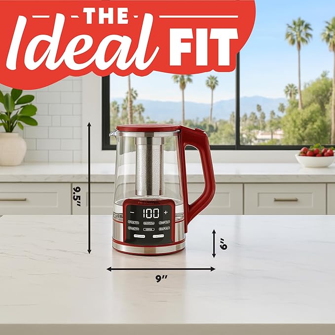 Gourmia Electric Glass Kettle – 1.7L Programmable Tea & Coffee Brewer with Digital Touch Display, 6 Presets, Removable Stainless Steel Infuser, Cordless with 360° Swivel Base, Red
