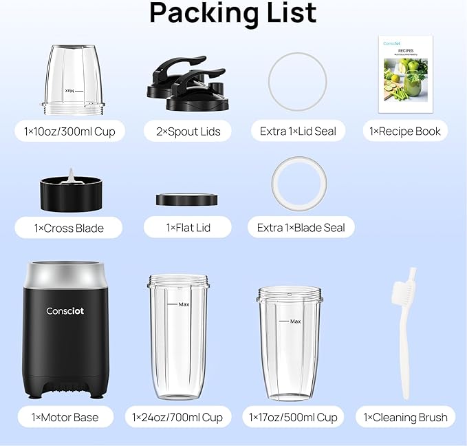 Consciot CB10 11Pcs Personal and Countertop Blender Combo, Make Shakes and Smoothies, Frozen Drinks, Baby Food, Spreads & More, 3 Portable BPA Free To-Go Cups, 2 Spout-Lids & 1 Flat-Lid, 900 Peak Watt