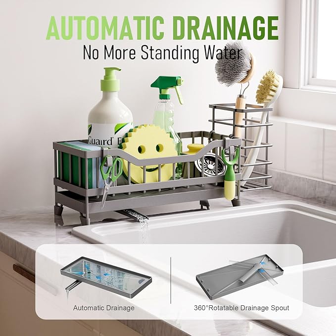 Sponge Holder for Kitchen Sink, Kitchen Sink Caddy with Long-Handled Dish Brushes Holder, 304 Rustproof Stainless Steel Countertop Organizers and Storage, Home Kitchen Sink Accessories (Grey)