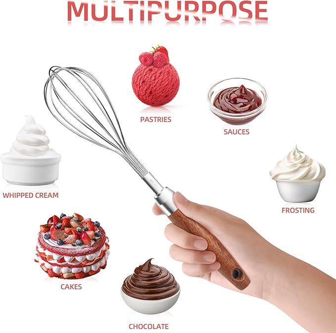Stainless Steel Wire Whisk for Cooking- Wooden Handle Kitchen Multi Function Non Stick Balloon Whisk Egg Beater for Blending Whisking Beating Frothing Stirring Batters (9"L x 1.8"W)