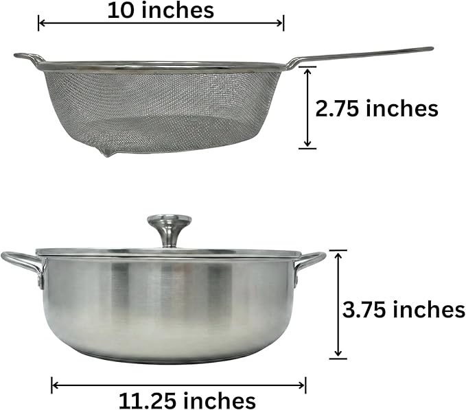 Saltlas 4.4Qt/4.2L Deep Fryer Pot with Basket and Strainer Spoon, 304 Stainless Steel Fish Frying Pot for Seafood, Chicken, French Fries, Japanese Tempura