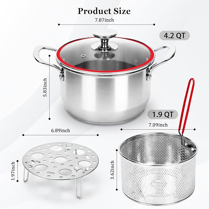 Deep Fryer Pot with Basket, 4.0L/4.2QT 304 Stainless Steel Standard Capacity Multi-function Cooking Pot with Strainer Basket, Anti-scald Handle, Egg Steamer Rack and Lid for Kitchen Camping