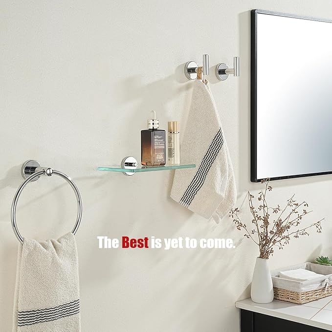 JQK Bathroom Glass Shelf Chrome, Tempered Glass Shower Storage 8 by 5 inches, 304 Stainless Steel Polished Chrome Wall Mount, TGS101L8-CH