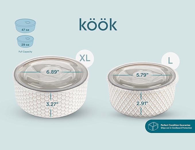 KooK Serving Bowls, with Lids, Ceramic Nesting Bowls, Set of 4, Embossed, Kitchen, Prep, Stackable, Gift, Microwave and Dishwasher Safe, 10/16/29/47 oz, Narbonne Collection (Ivory)