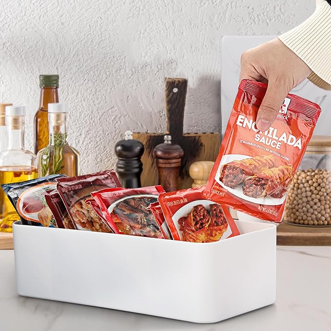 BSTKEY Seasoning Packet Organizer, Food Storage Organizer with Divided 4 Bamboo Wood Compartments, Plastic Storage Caddy for Kitchen Pantry Cabinet, Kitchen Organization Bin for Snacks Spice Packets