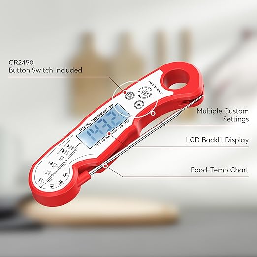 Meat Thermometer Digital - Fast Instant Read Food Thermometer for Cooking, Candy, Outside Grill, and Roast, Digital Food Thermometer with Backlight LCD & Calibration - Red/Silver