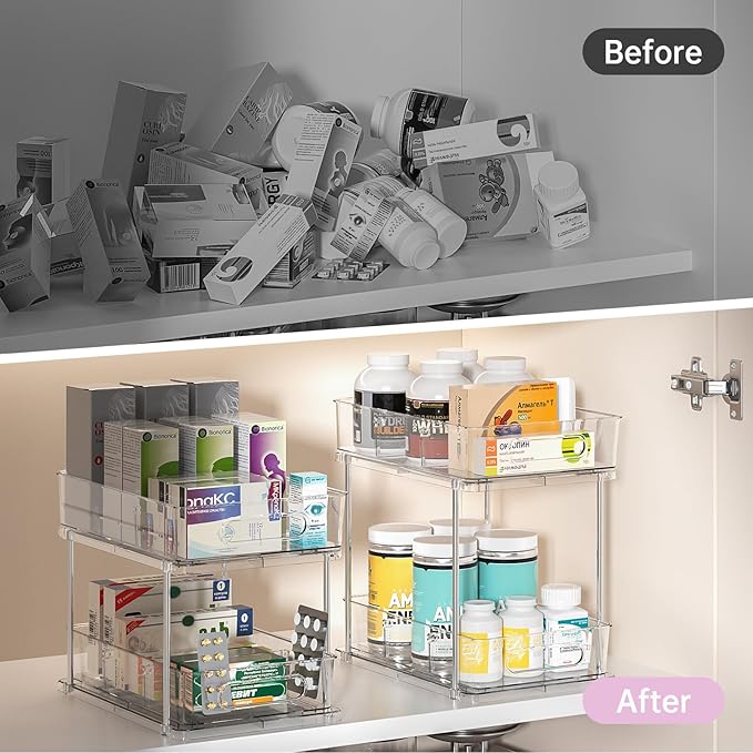 Delamu 2 Tier Snap-Lock Bathroom Under Sink Organizers and Storage, Multi-Purpose Cabinet Drawers with Movable Dividers, Pull Out Organization for Countertop, Kitchen and Pantry(Clear, 2 Pack)