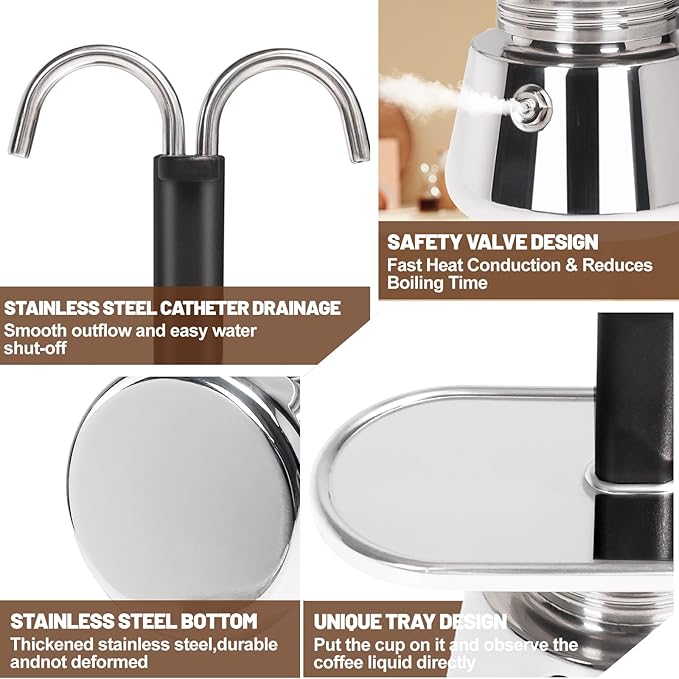 2 Cup Dual Pipe Moka Pot Stainless Steel Stovetop Espresso Maker Cafeteras Italian Percolator Espress Makers Capable Greca Mocha Coffee Machine for Induction Home 150ml 5.1oz