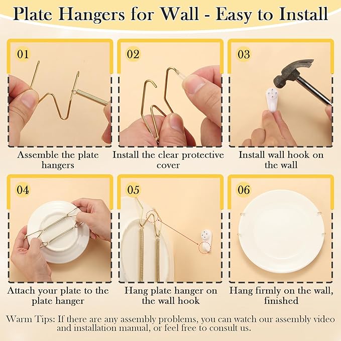 14 Pack Plate Hangers for Wall Display, 6/8/10/12 Inch Invisible Stainless Steel Plate Holders with Wall Hooks, Fit 5.5–12.5 Inch Decorative Plates, Plate Display Hangers for Home Wall Decor, Gold