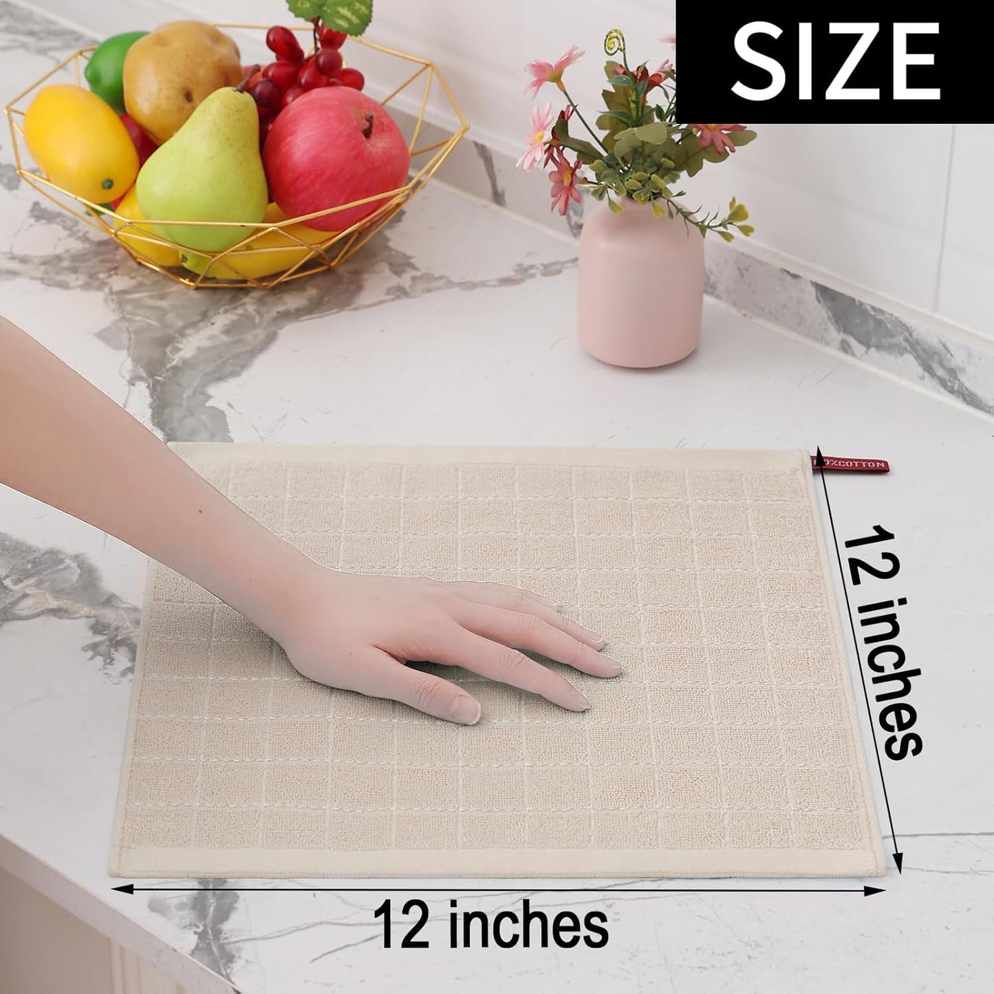 Homaxy 100% Cotton Terry Kitchen Dish Cloths, Ultra Soft and Absorbent Dish Towels for Kitchen, Suitable for Drying and Washing Dishes, 6 Pack, 12 x 12 Inches, Beige