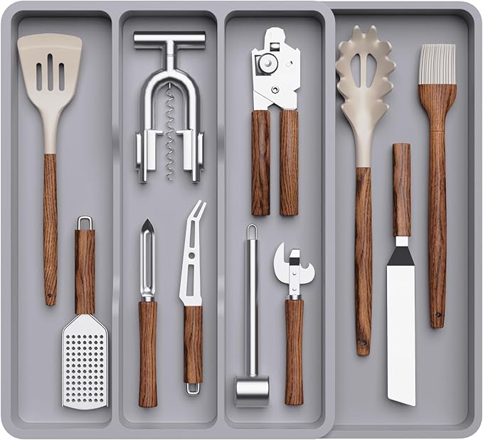 Lifewit Utensil Organizer for Kitchen Drawer, Expandable Cooking Silverware Tray, Adjustable Cutlery Flatware Holder, Plastic Spatula Tools Storage Divider, 17.3 x 15.8", Gray