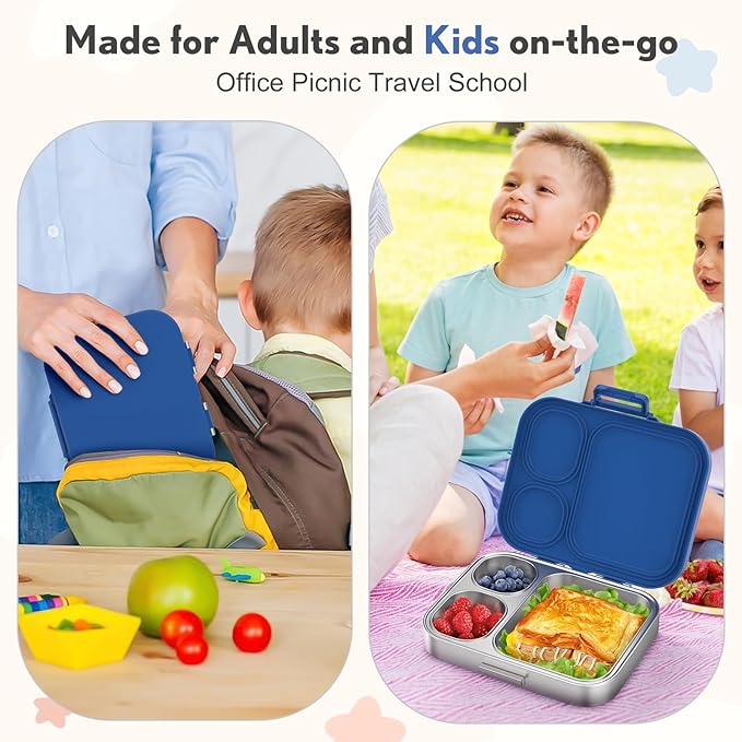 Howeemo Stainless Steel Bento Box Kids, Leak Proof Metal Bento Lunch Box,3 Compartments 304 Stainless Steel Bento Lunch Containers for School and Office, BPA-Free(Blue)