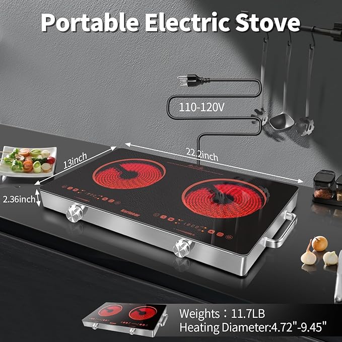 Karinear 2 Burner Electric Cooktop 110V, Portable Electric Stove with Handle, Knob Control Electri Hot Plate, Ceramic Countertop Burner, Timer, Safety Lock, 9 Power Level, 2000W, 24 inch(Gold)