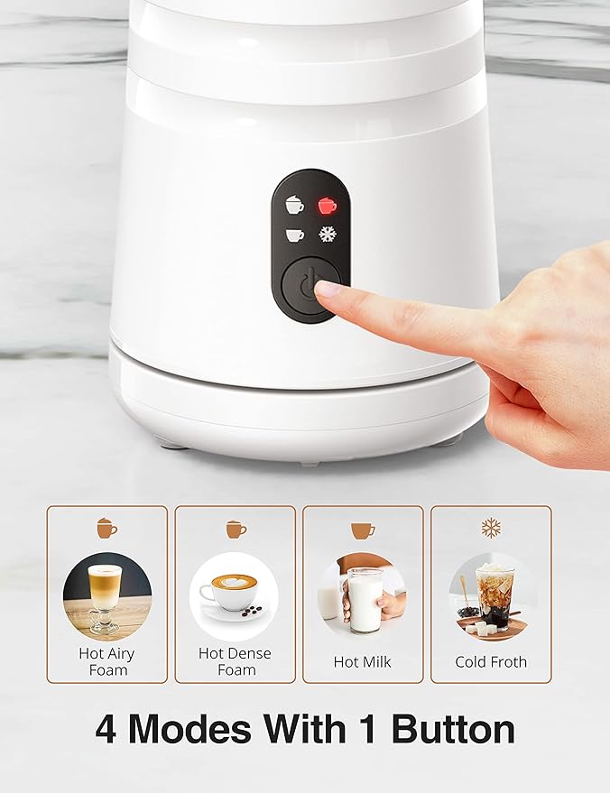 Milk Frother, Automatic Milk Frother Machine 4 in 1 Functions Milk Frother Machine for Coffee, Hot Chocolates, Latte, Cappuccino, Milk Frother 240ml, White