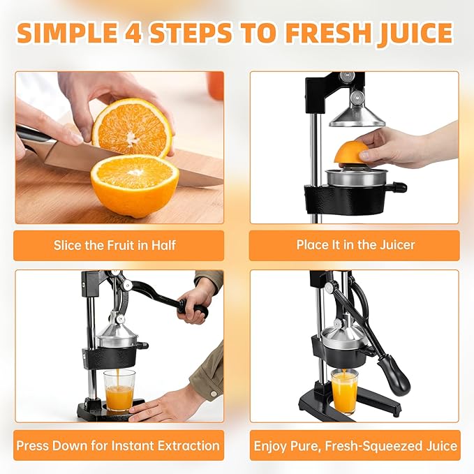 Cast Iron Manual Citrus Juicer, Heavy Duty Hand Press Juicer for Orange, Lemon and Pomegranate, Orange Juicer for Countertop, Commercial Grade for Home Kitchen and Bar, Easy to Use and Clean