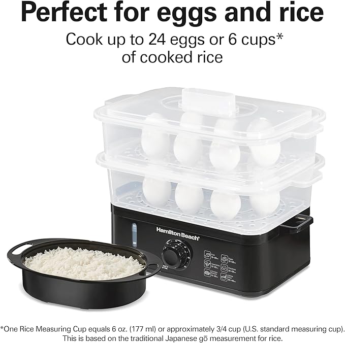 Hamilton Beach Electric Food Steamer, Rice Cooker & Egg Boiler for Quick, Fast Healthy Cooking with Stackable Three-Tier Bowls for Vegetables and Seafood, 9.5 Quarts, Auto Shutoff, Black (37430)