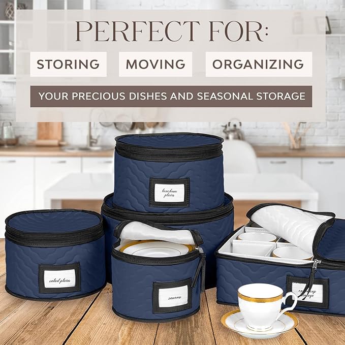 China Storage Containers 5-Piece Set Moving Boxes for Dinnerware, Glasses, Plates, Mugs and Saucers Sturdy Quilted Microfiber Dish Organizer with Dividers for Seasonal Storage - Holds Set of 12, blue