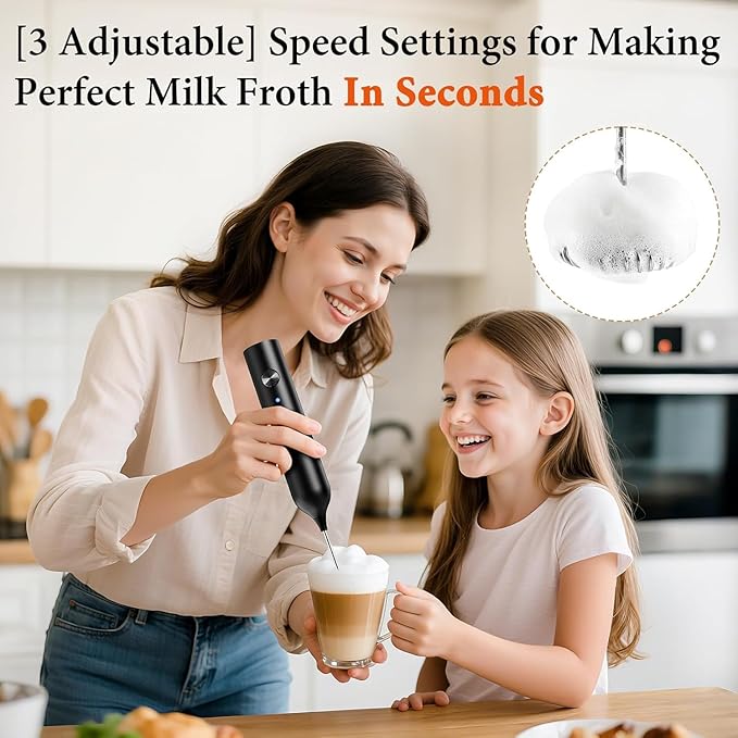 Rechargeable Milk Frother Handheld with 3 Whisk and Stand, 3 Speed Frother Wand Mixer, Dual Spring Whisk Coffee Frother for Matcha, Lattes, Cappuccino, Frappe Drink, Hot Chocolate