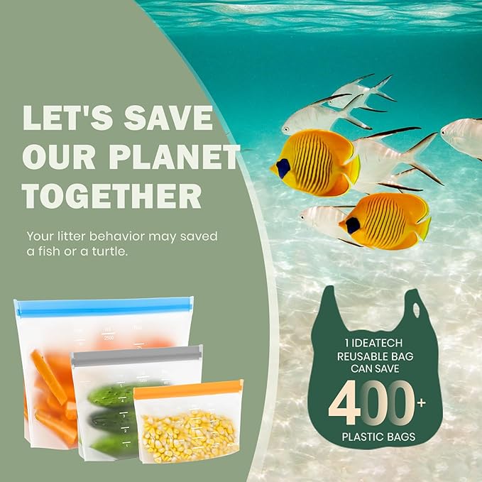 Dishwasher Safe Reusable Storage Bags Stand Up - BPA Free Reusable Sandwich Bags - Leakproof Gallon Freezer Bags for Marinate Meats, Salad Fruit - Multicolor 8 Gallon + 8 Sandwich + 8 Snack Bags