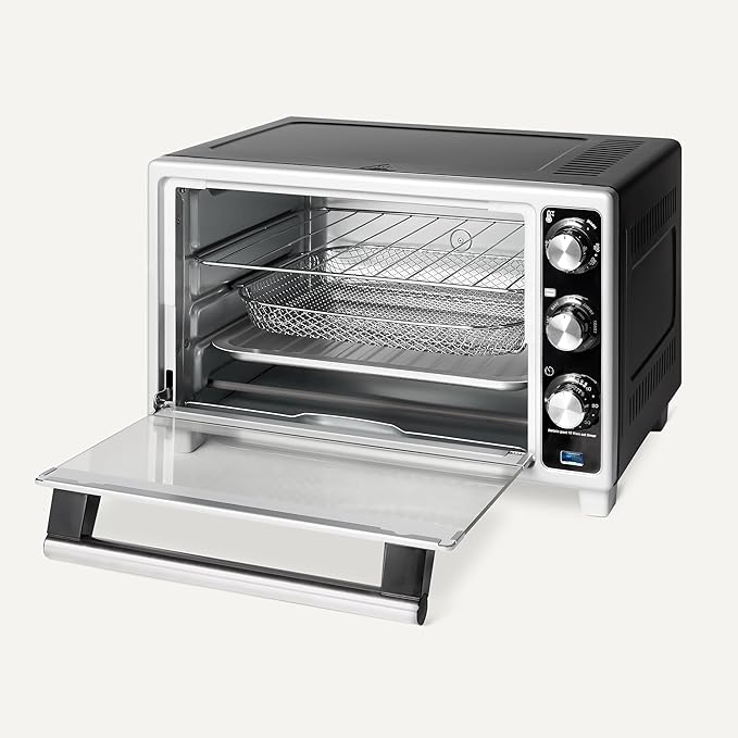 Amazon Basics 6-Slice 23-QT Toaster Oven with Built-In Air Fryer, 7-In-1 Cooking Options, 60-Min Timer & Adjustable Temperature (200°F - 450°F), With Accessories, 1500W, Stainless Steel, Silver/Gray