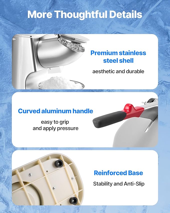VEVOR Ice Crusher Machine, 220lbs Per Hour Electric 4 Blades Snow Cone Maker, Stainless Steel Shaved Ice Machine with Bowl and Cover, 300W 2000RPM Ice-Shaver for Home and Commercial Use, Silver
