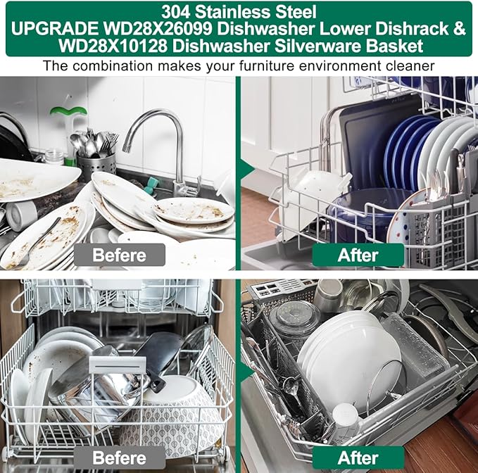 UPGRADED 304 Stainless Steel WD28X26099 WD28X24396 Dishwasher Lower Rack Replacement Compatible with GE Dishwasher Rack Parts With WD28X27241 Wheel & WD28X10128 Universal Dishwasher Silverware Basket