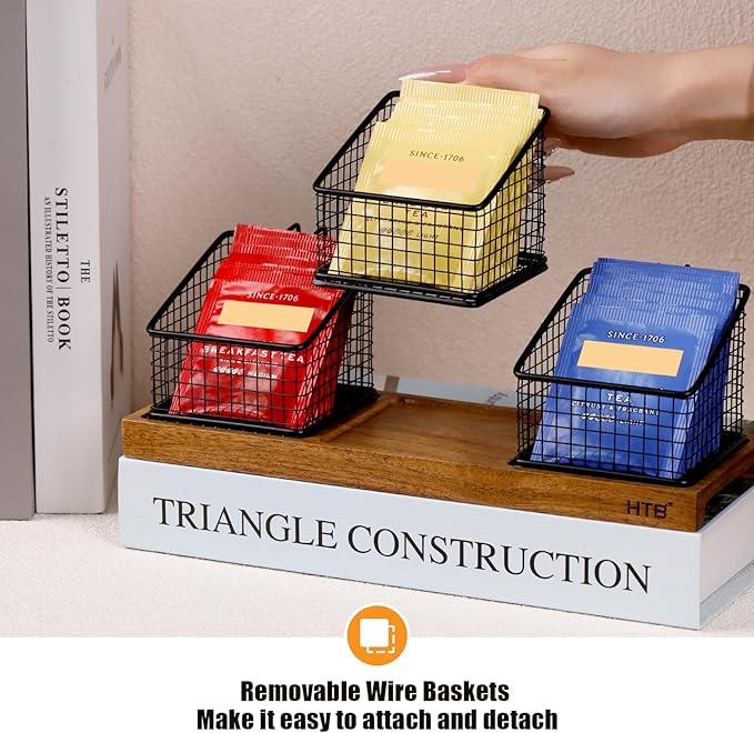 HTB Tea Organizer for Tea Bags, Tea Bag Holder with Acacia Wood Stand and 3 Removable Metal Basket for Sugar Packets, Sweeteners, Creamers for Cabinet, Countertop