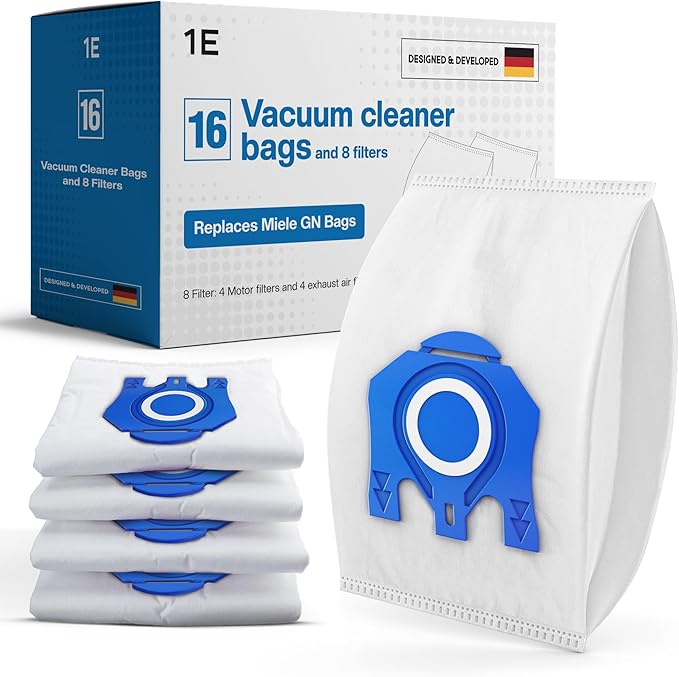 16 Type G/N Vacuum Cleaner Bags for Miele Vacuum Cleaners [Replaces 10123210 AirClean 3D Efficiency Type GN] – Fits Classic C1, Complete C2 & C3, S8340, S8000, S6000 & S5000 Series + 8 Filters