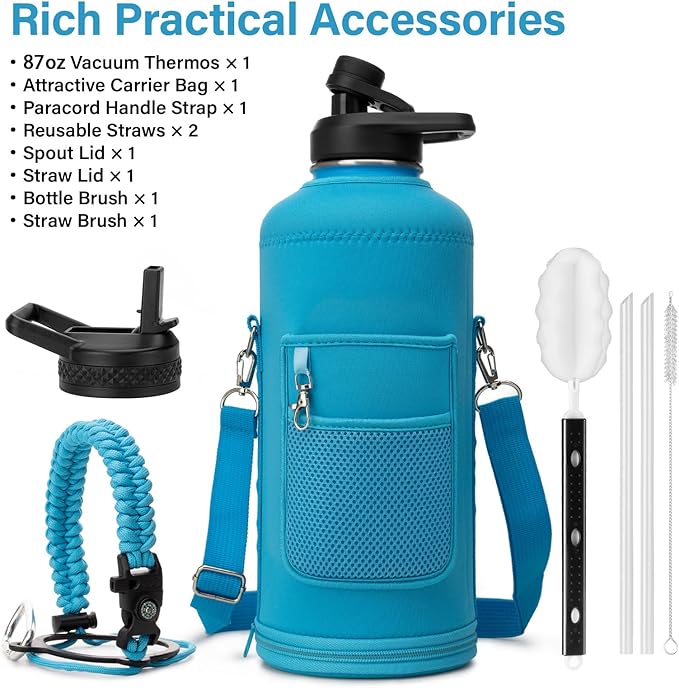 DYSANKY Insulated Water Bottle | Thickened Stainless Steel for Gym and Hiking with Straw, Carrier Bag, Handle Strap | BPA-Free 87 oz