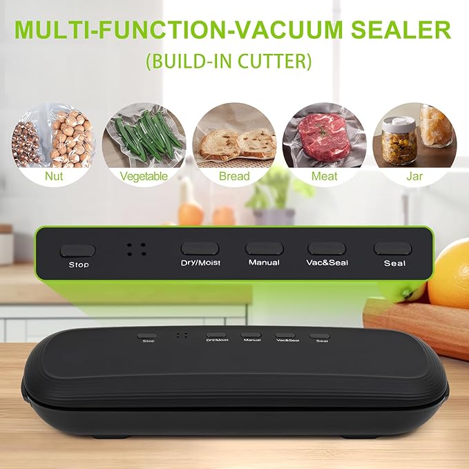 Vacuum Sealer Machine, Food Vacuum Sealer Machine with Build-in Cutter, Compact Design with External Vacuum System with 10 Seal Bags Kit, Dry Moist Fresh Modes (Black)