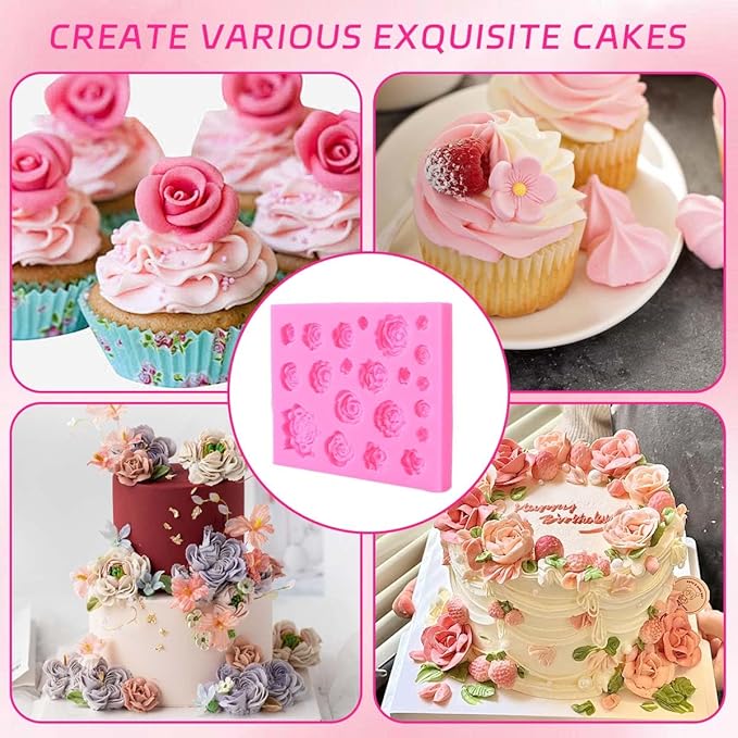 OBTANIM Silicone 21 Cavity Rose Flower Fondant Mold Cake Cupcake Top Decoration Mould for Chocolate Handmade Candy