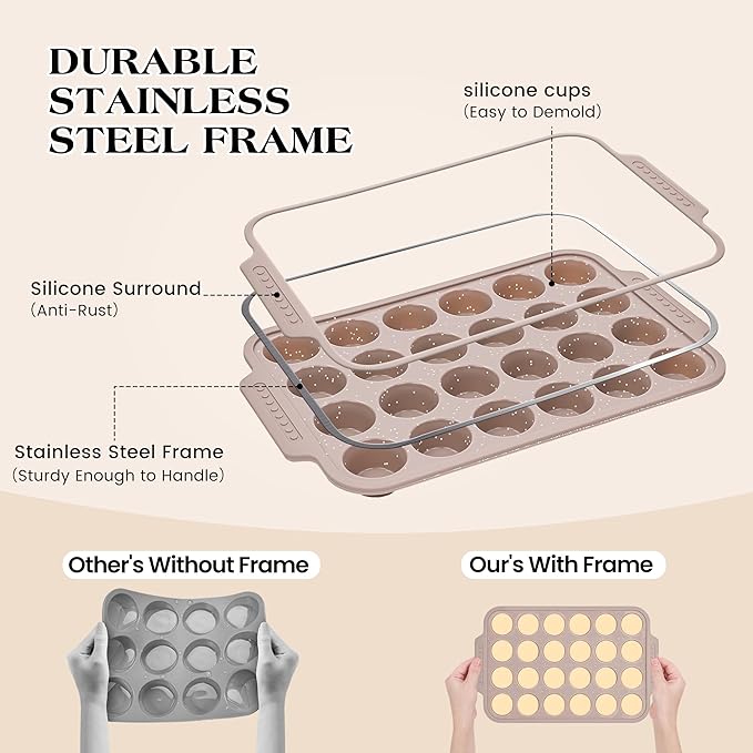 1 Pc Silicone Muffin Pans for Baking with Metal Reinforced Frame, Nonstick Cupcake Tray for Oven, 24 Cups Mini Size Silicone Molds for Egg Bites, Dishwasher Safe (Brown)