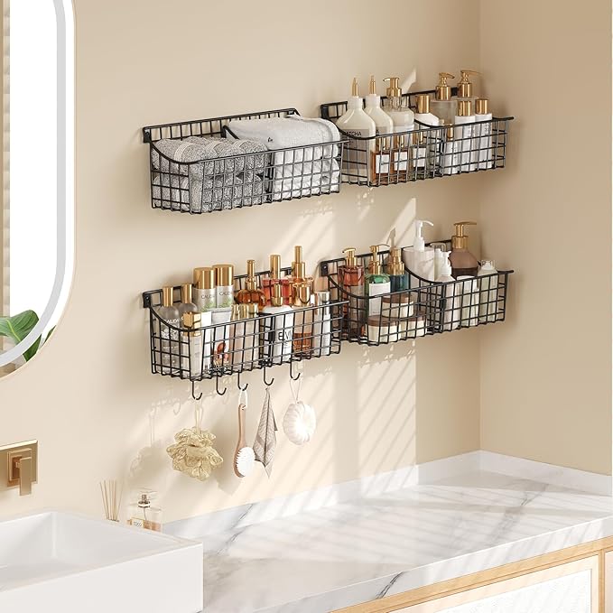 4 Pack EXTRA LARGE Hanging Wall Mount Storage Baskets With Divider, Metal Wire Basket With 4 Strong Adhesive Hooks +5 S Hooks,Organizing Wall Shelf for Home Kitchen Bathroom Pantry Garage RV, Black
