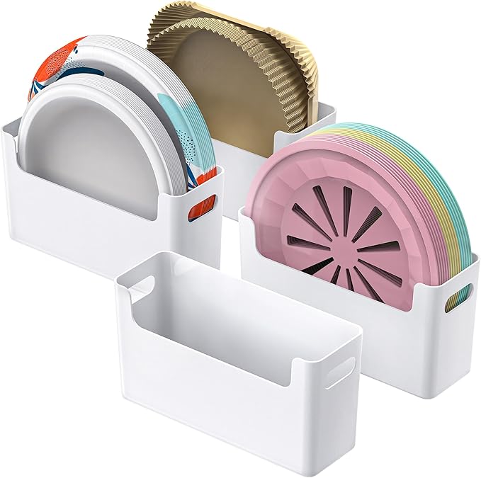 4Pcs Paper Plate Dispenser for 6-9.5 Inch Disposable Plates, Space-Saving Plastic, Foam and Paper Plate Storage Organizer for Cabinet, Countertop, RV or Outdoor (White)