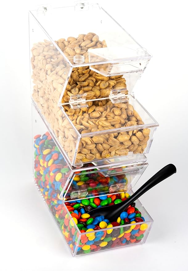 Inevibe Candy Bin Topping Dispenser - Acrylic Bulk Sprinkle Container with Scoop, Stackable & Magnetic for Multiple Holders - For Cereal, Nuts, Candies & Snack Food Storage - 2 Pack